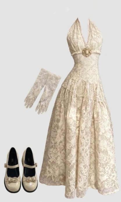 Vintage Halter Olive Green Lace A Line Long Birthday Party Dress Evening Dress D4814