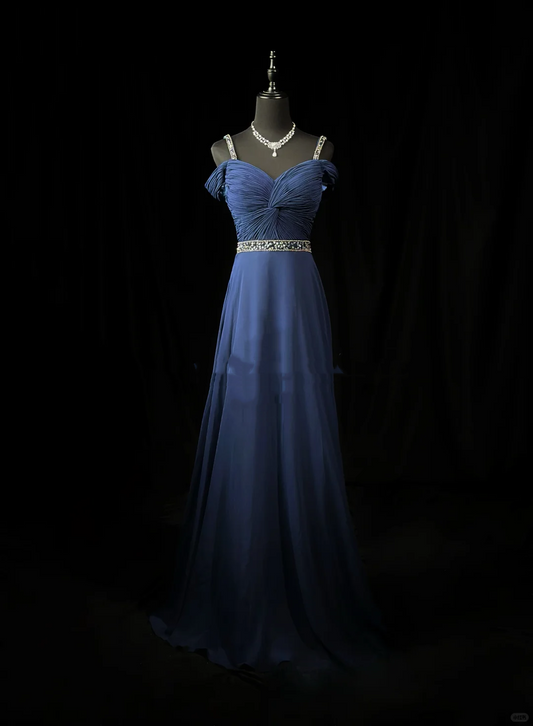 Elegant Off The Shouler Navy Blue Chiffon Beaded A  Line Long Party Dress Evening Dress D2511