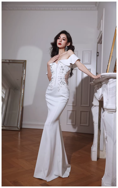Elegant Off The Shoulder White Satin Appliques Mermaid Evening Dress Long Wedding Guest Dress D2430