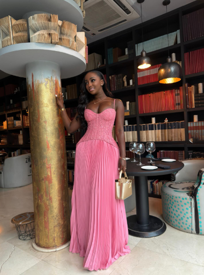 Pretty Spaghetti Straps Pink Satin Pleated A Line Party Dress Long Wedding Guest Dress D3552