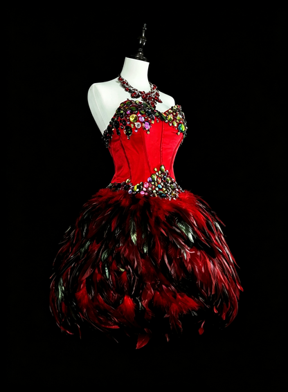 Gorgeous Strapless Red Satin Beaded Feathers A Line Short Birthday Dress Homecoming Dress D4042