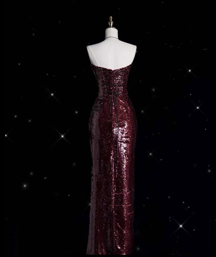 Sparkly Strapless Sheath Sequin Slit Long Wedding Guest Dress Burgundy Long Party Dress Evening Gown D4898
