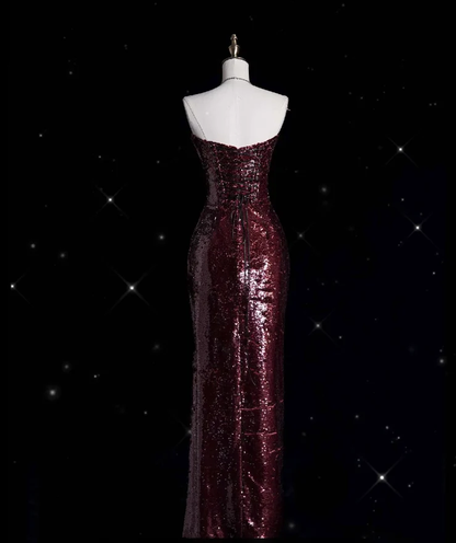 Sparkly Strapless Sheath Sequin Slit Long Wedding Guest Dress Burgundy Long Party Dress Evening Gown D4898