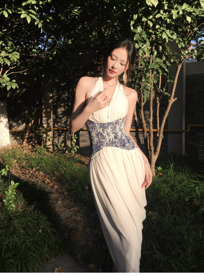 Unique Halter V Neck White Chiffon Pleated Long Prom Dress Birthday Evening Dress D2185