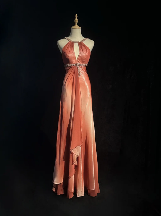 Chic Ombre Orange Chiffon Beaded Long Party Dress Evening Gowns D1936