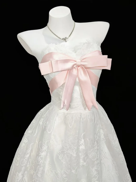 Cute Sweetheart Neck Ball Gown White Satin Lace Formal Birthday Party Dress With Bow D2336