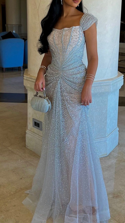 Pretty Light Blue Tulle Sequin Beaded Mermaid Long Prom Dress Evening Gown D4823