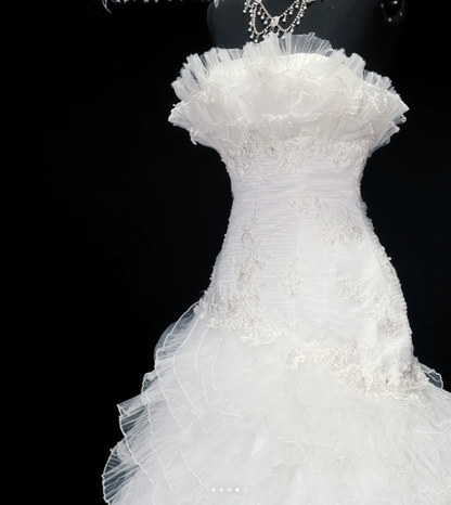 Classy Strapless White Tulle Appliques Layered Mermaid Long Wedding Guest Dress Formal Bridal Dress D1829