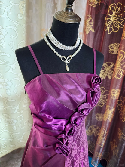 Charming Purple Satin Lace Short Prom Dress Formal Graduation Homecoming Dress D724