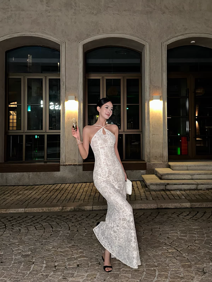 Glamorous Beige Sleeveless Lace Mermaid Slit Long Evening Dress Formal Birthday Party Gown D2086