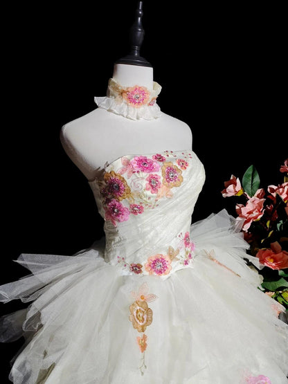 Pretty Strapless White Satin Tulle Embroidery Floral A Line Short Birthday Outfits Homecoming Dress D3154