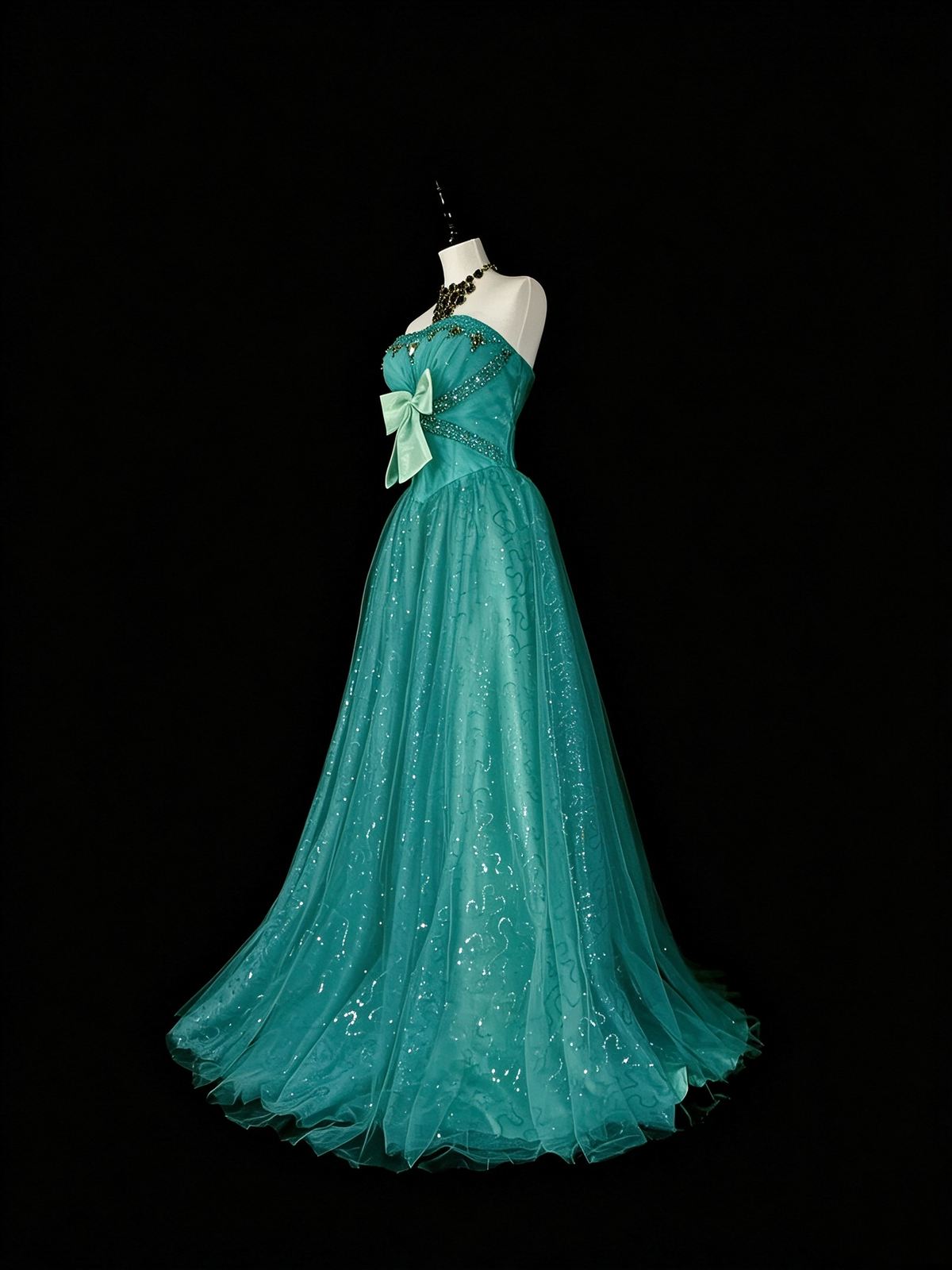 Vintage Sweetheart Neck Green Tulle Sequin Beaded Long Party Dress Evening Dress D5372