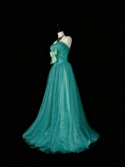 Vintage Sweetheart Neck Green Tulle Sequin Beaded Long Party Dress Evening Dress D5372