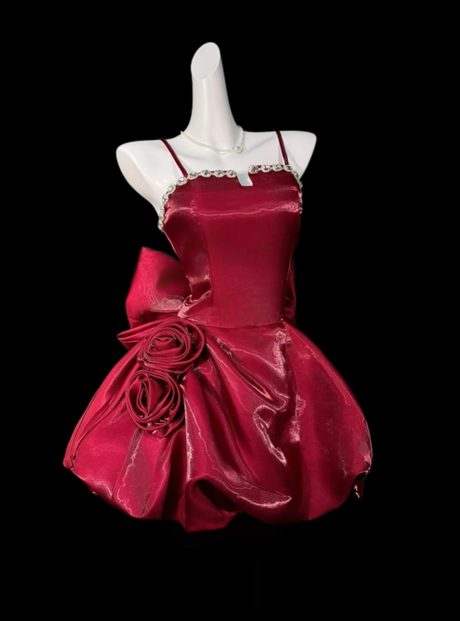 Pretty Burgundy Satin Beaded 3D Floral A Line Short Graduation Homecoming Dress Birthday Outfits With Bow D4207