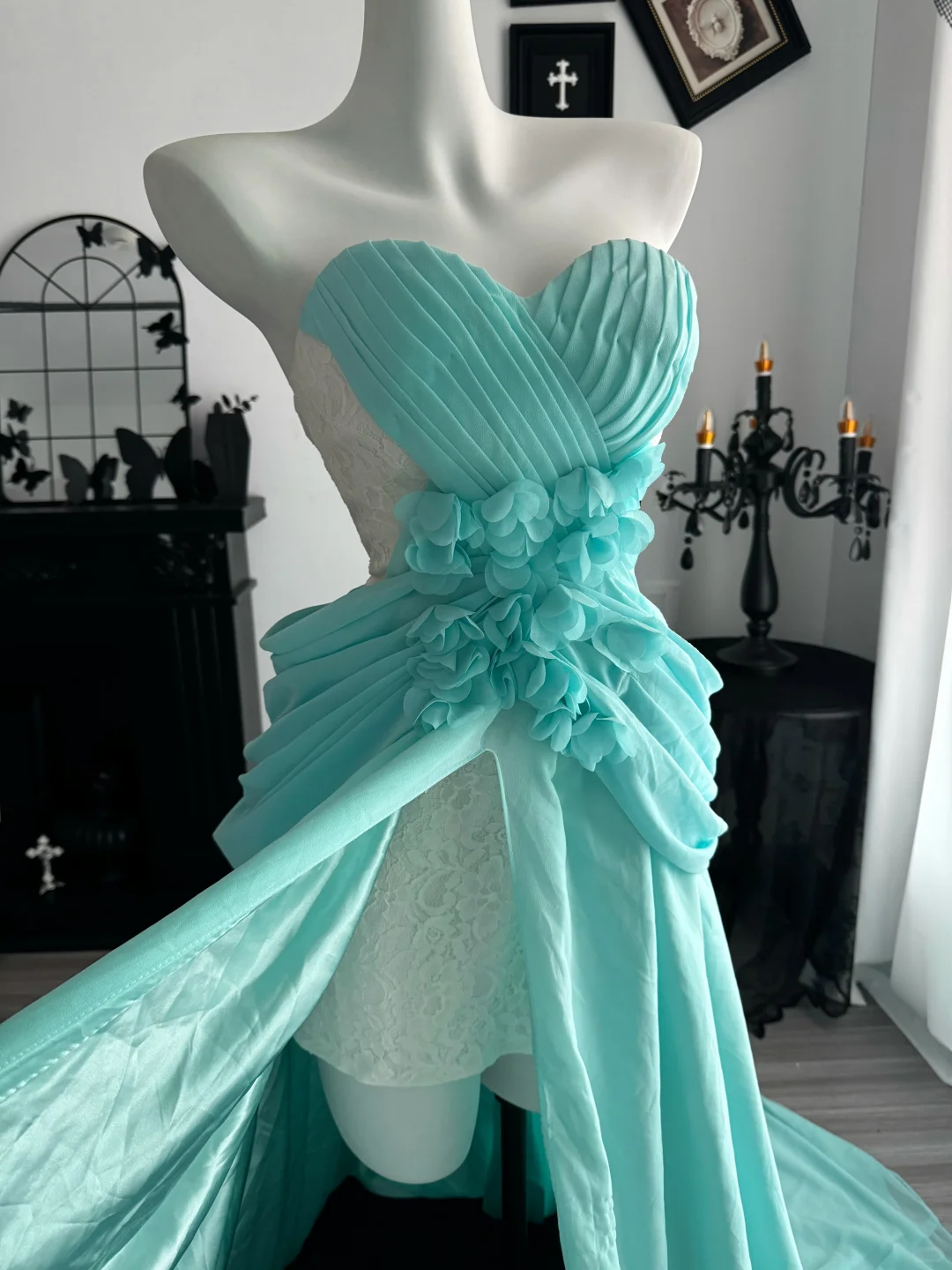 Classy Strapless Mint Green Lace Chiffon Prom Dress Sweetheart Neck High Slit Long Evening Gown D3718