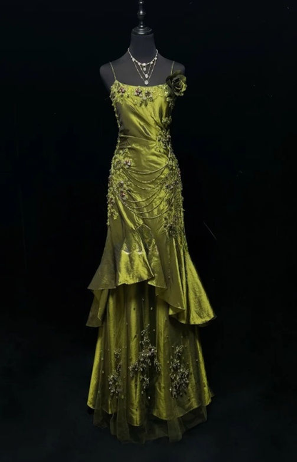 Vintage Spaghetti Strap Olive Green Satin Beaded Mermaid Long Prom Dresses Formal Prom Gown D880