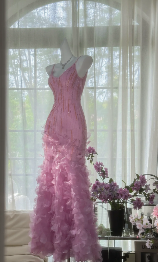 Charming Pink Spaghetti Straps Chiffon Beaded Mermaid Long Party Dress Evening Gown D1557