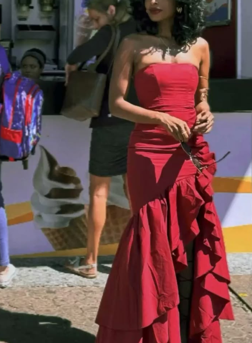 Pretty Strapless Satin Ruffles Mermaid Evening Dress Red Long Birthday Party Dress D4781