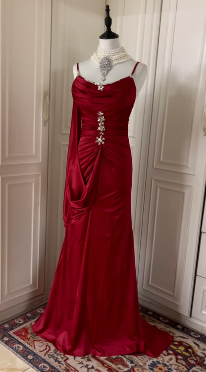 Charming Burgundy Satin Beaded Mermaid Evening Dress,Spaghetti Straps Long Wedding Guest Dress D3110