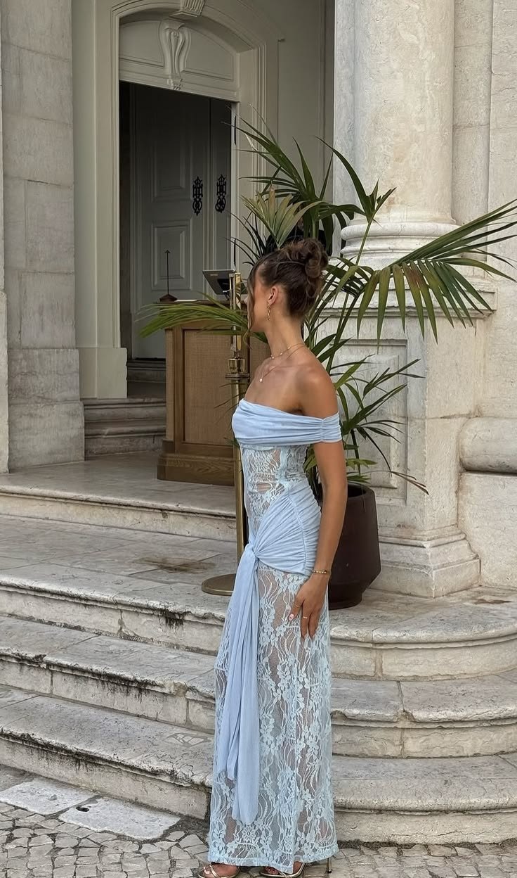 Elegant Blue Lace Sheath Long Party Dress Off The Shoulder Long Birthday Evening Dress D4694