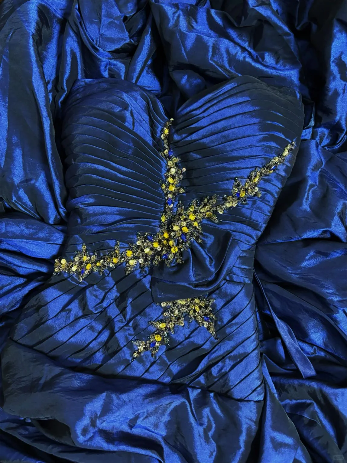Unique Strapless Satin Pleated Evening Dress,Blue Sequin Beaded Long Party Dress Birthday Prom Dress D2013