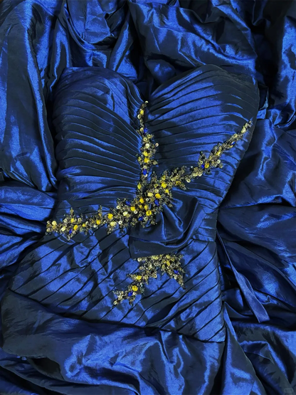 Unique Strapless Satin Pleated Evening Dress,Blue Sequin Beaded Long Party Dress Birthday Prom Dress D2013