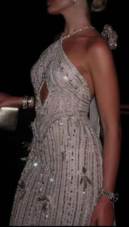 Elegant Light Champagne Tulle Beaded Mermaid Party Dress,Halter Backless Long Evening Dress D3597