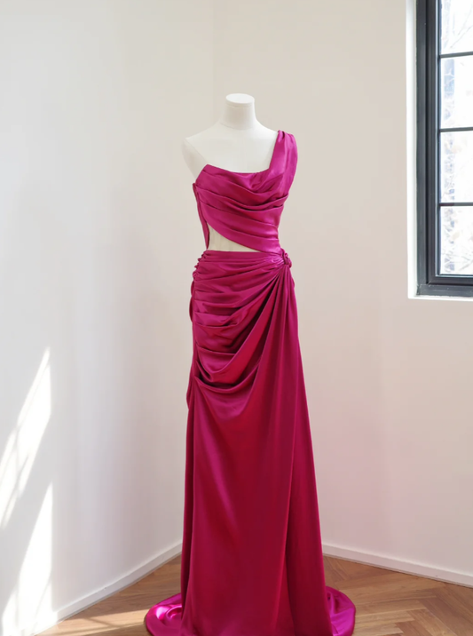 Charming One Shoulder Satin Pleated Mermaid Long Party Dress Hot Pink Wedding Guest Dress D2174