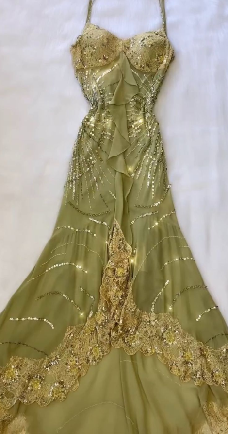 Vintage Sage Green Mermaid Party Dress Spaghetti Straps Chiffon Lace Sequin Long Prom Dresses D4990