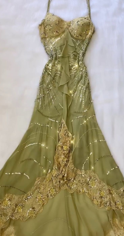 Vintage Sage Green Mermaid Party Dress Spaghetti Straps Chiffon Lace Sequin Long Prom Dresses D4990