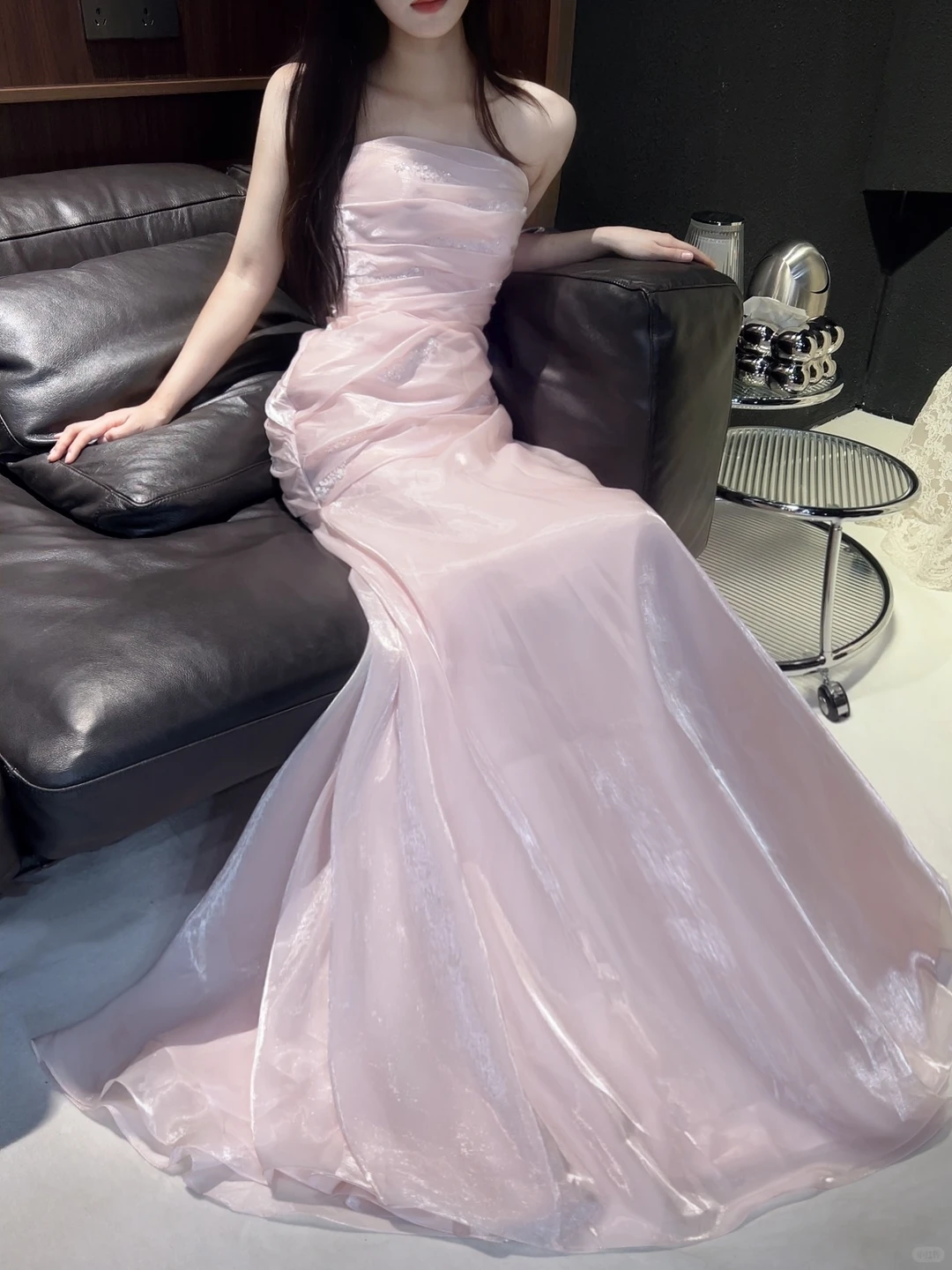 Shiny Pink Organza Pleated Mermaid Long Party Dress Strapless Long Prom Gown D5087