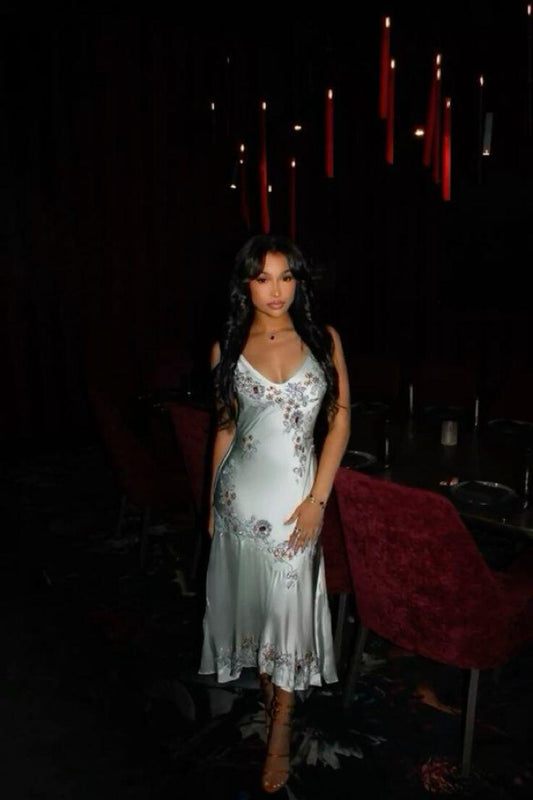 Elegant Spaghetti Straps Silver V Neck Satin Beaded Mermaid Long Prom Dress Party Gown D3477