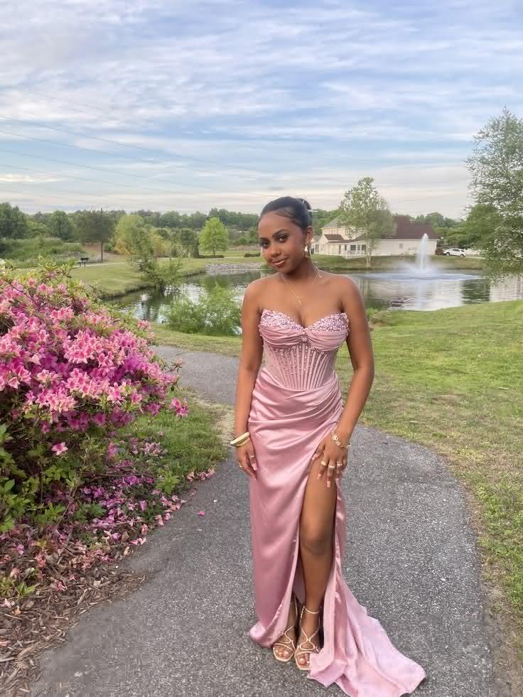 Pretty Pink Satin Beaded Slit Mermaid Long Party Dress Evening Gown D5181