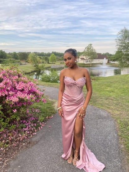 Pretty Pink Satin Beaded Slit Mermaid Long Party Dress Evening Gown D5181
