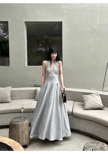 Fashion Halter Gray satin Pleated A Line Long Wedding Guest Dress,Backless Long Evening Dress Prom Gown With Pockets D2085