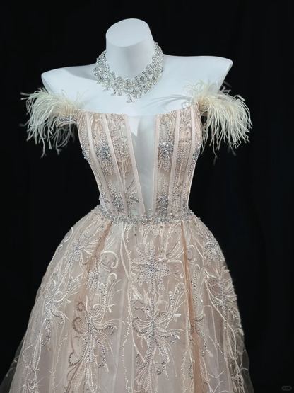 Gorgeous Tulle Embroidery Beaded Ball Gown Off The Shoulder Long Evening Dress Birthday Dress D2513