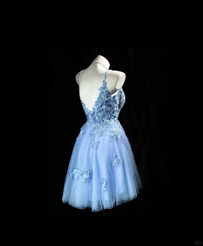 Elegant Spaghetti Straps Tulle Applique A Line Mini Birthday Dress,Blue Short 8th Grade Homecoming Dress D3242