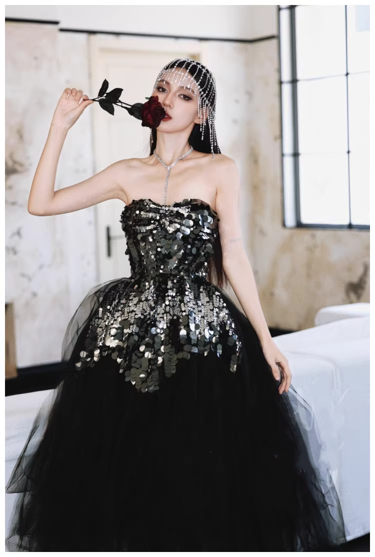 Gorgeous Strapless Black Tulle Sequin A Line Long Evening Dress Birthday Dress D2414