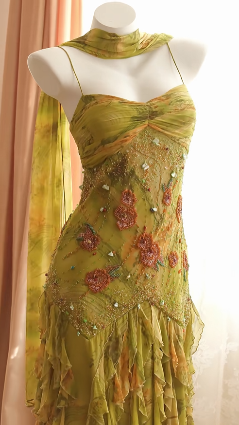 Unique Spaghetti Straps Chiffon Beaded Ruffles Evening Dress Olive Yellow Birthday Prom Gown D2720