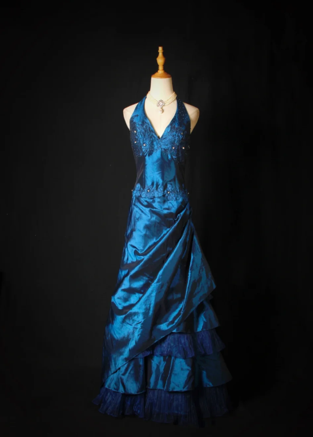 Elegant Blue Halter Embroidered Beaded Satin Pleated Mermaid Party Dress Long Birthday Evening Dress D2270