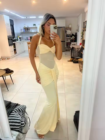 Classy Halter Burgundy Chiffon Pleated Mermaid Prom Dress Long Wedding Guest Dress D1309