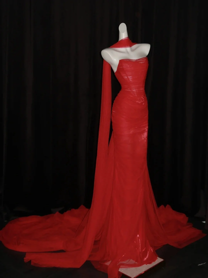 Sexy Red Tulle Pleated Mermaid Long Evening Dress With Scarf,Strapless Long Wedding Guest Dress D4843