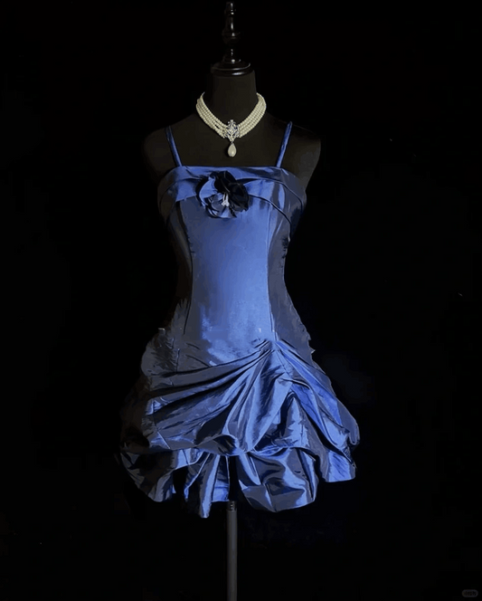 Fashion Spaghetti Straps Navy Blue Satin Pleated Short Homecoming Dress,Mini Prom Gown D3380
