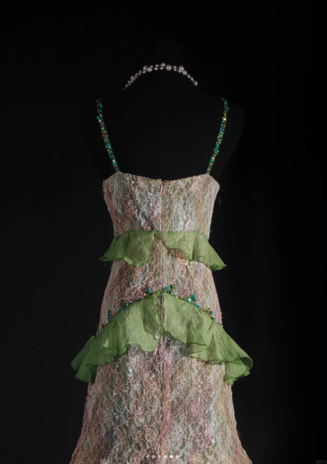 Gorgeous Spaghetti Straps Green Tulle Lace Beaded Mermaid Long Evening Dress Birthday Party Gown D2007