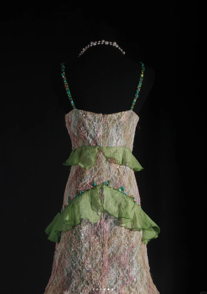 Gorgeous Spaghetti Straps Green Tulle Lace Beaded Mermaid Long Evening Dress Birthday Party Gown D2007