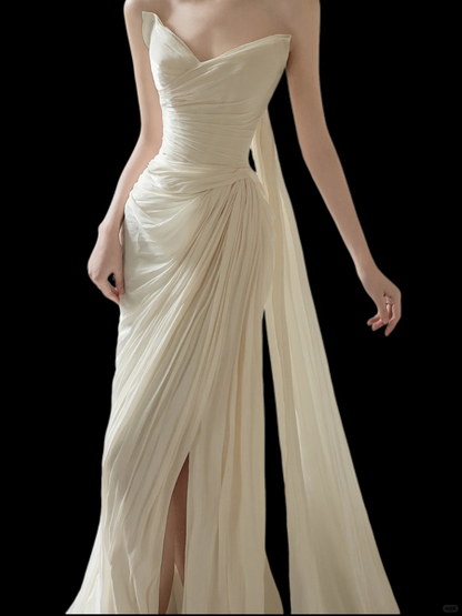 Elegant Strapless Tulle Pleated Slit Mermaid Evening Dress,Off White Long Prom Dress D2920
