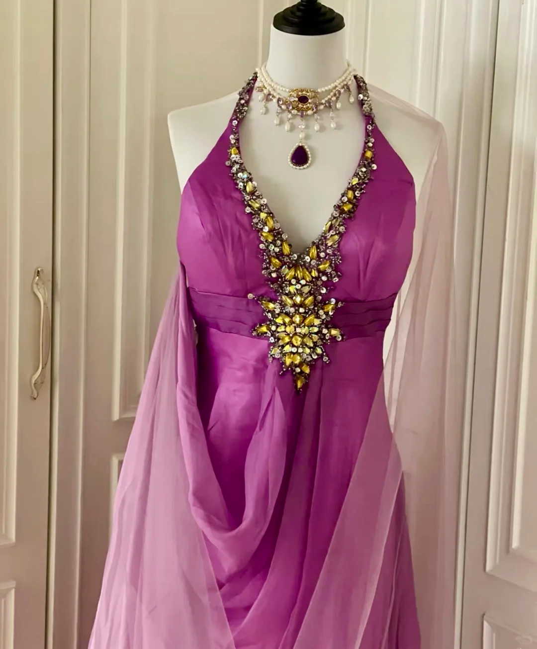 Sexy Ombre Purple Halter Satin Beaded Mermaid Long Evening Dress Backless Birthday Prom Dress D3095
