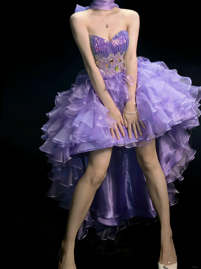 Princess Sweetheart Neck Lilac Sequin Beaded Tulle Ruffle Tiered High Low Long Evening Dress Birthday Party Gown D4881