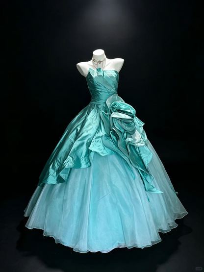 Sweet Turquoise Strapless Satin Tulle Floral Quinceanera Dress Sweet 15 16 Dress D5239