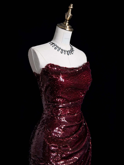 Sparkly Strapless Sheath Sequin Slit Long Wedding Guest Dress Burgundy Long Party Dress Evening Gown D4898